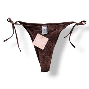 Kittenish Women L Brown Smocked Side Tie String HighCut Cheeky Bikini Bottom NEW
